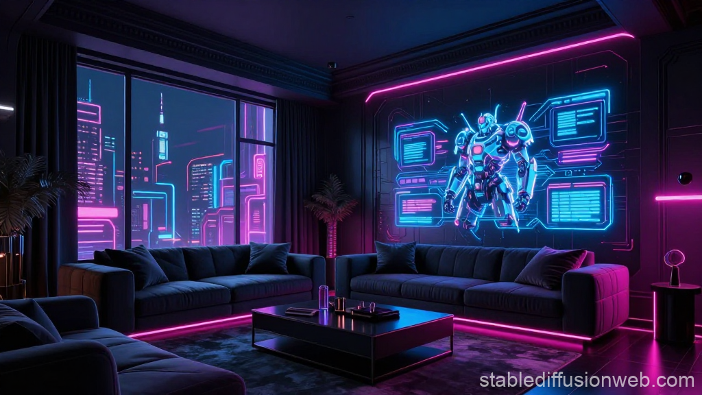 Futuristic Cyberpunk Living Room with Neon Robot Display