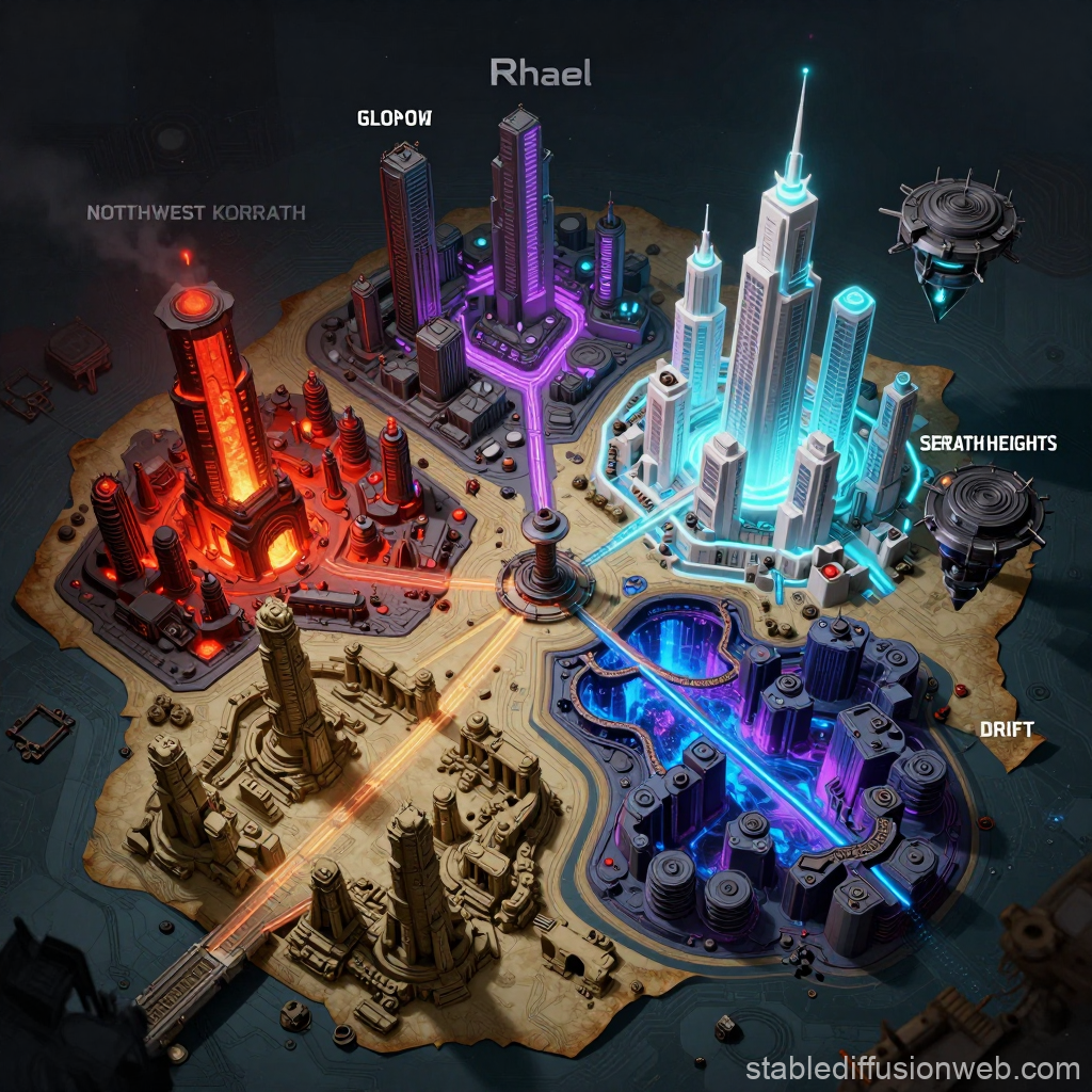 Futuristic Cyberpunk Megacity Map with Distinct Districts