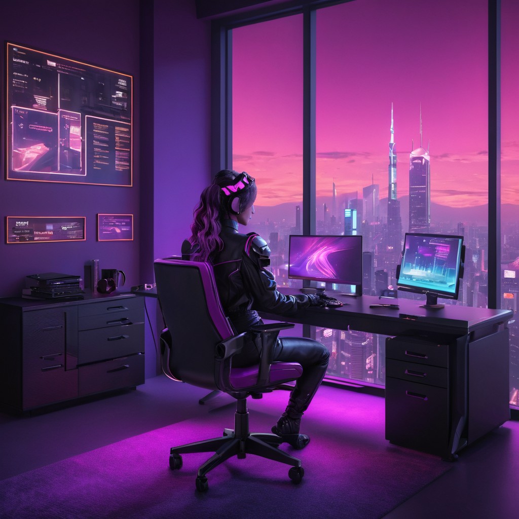 Futuristic Cyberpunk Office with Neon Cityscape View
