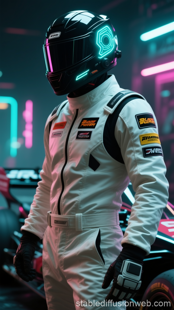 Futuristic Cyberpunk Racer in Neon-Lit Garage