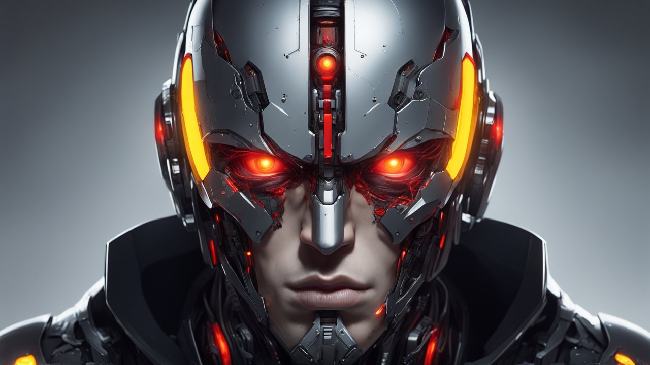 Futuristic Cyborg Character with Glowing Red Eyes