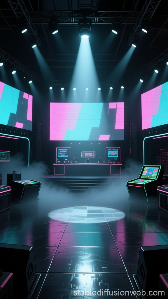 Futuristic Dark Arena with Neon Screens and Fog
