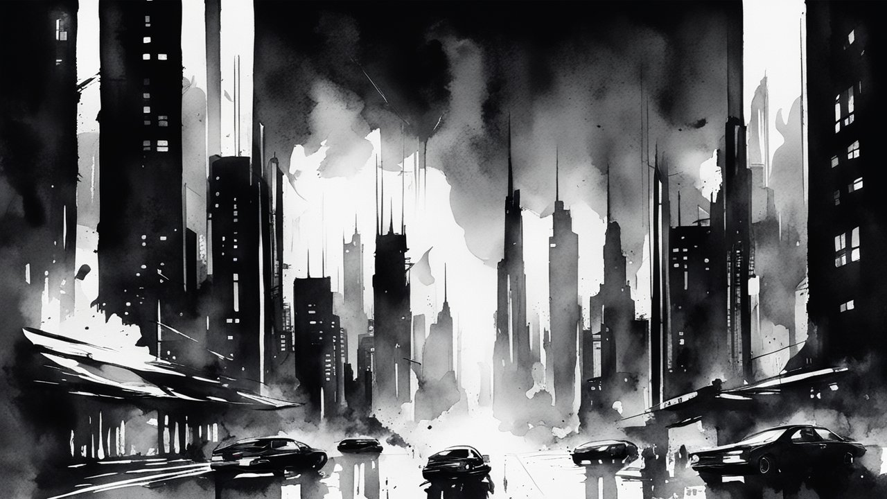 Futuristic Dark Cityscape at Night in Monochrome