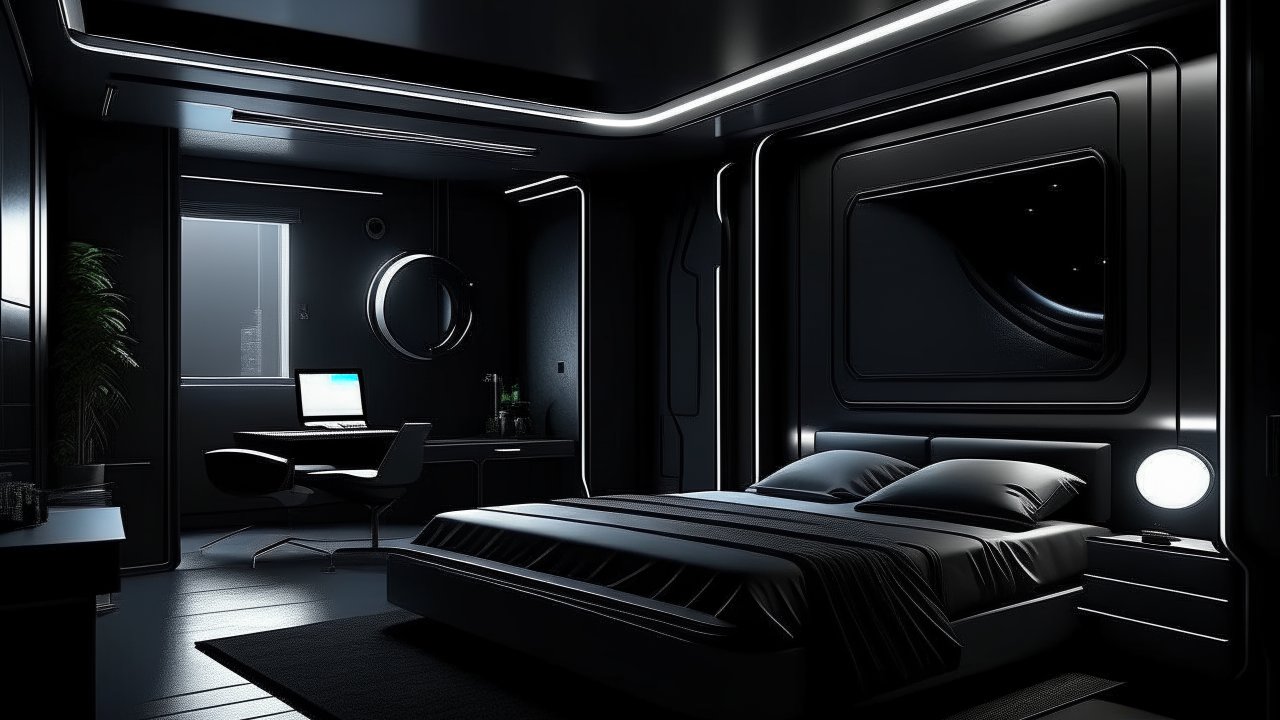 Futuristic Dark-Themed Bedroom with Sleek Modern Design