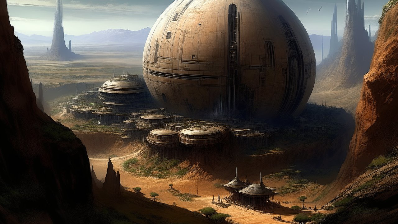 Futuristic Desert Settlement with Massive Spherical Structure