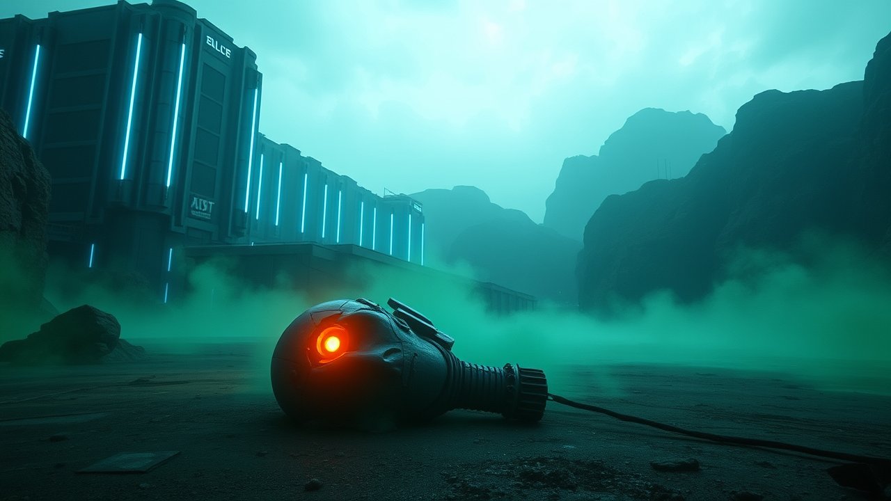 Futuristic Desolate Landscape with Glowing Device