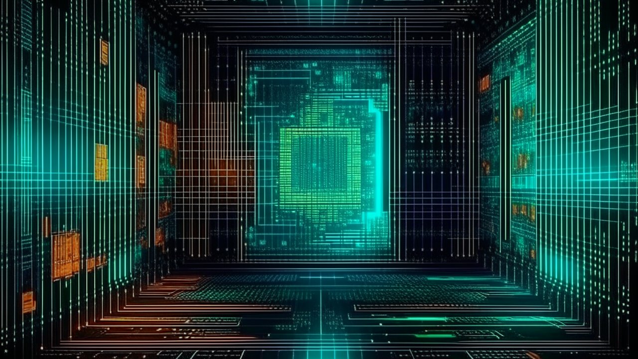 Futuristic Digital Circuit Room with Neon Grid