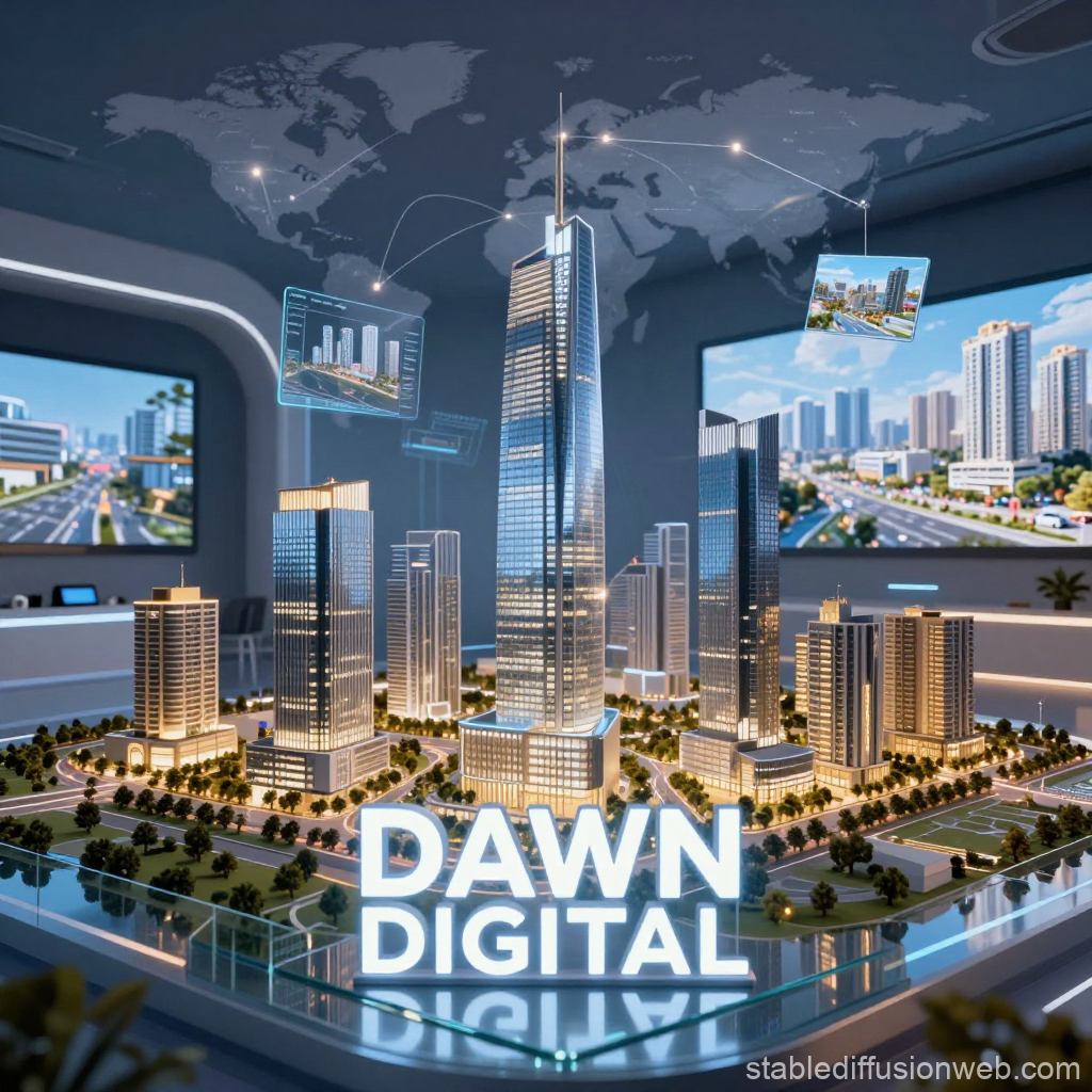 Futuristic Digital City Model with Interactive Data Displays