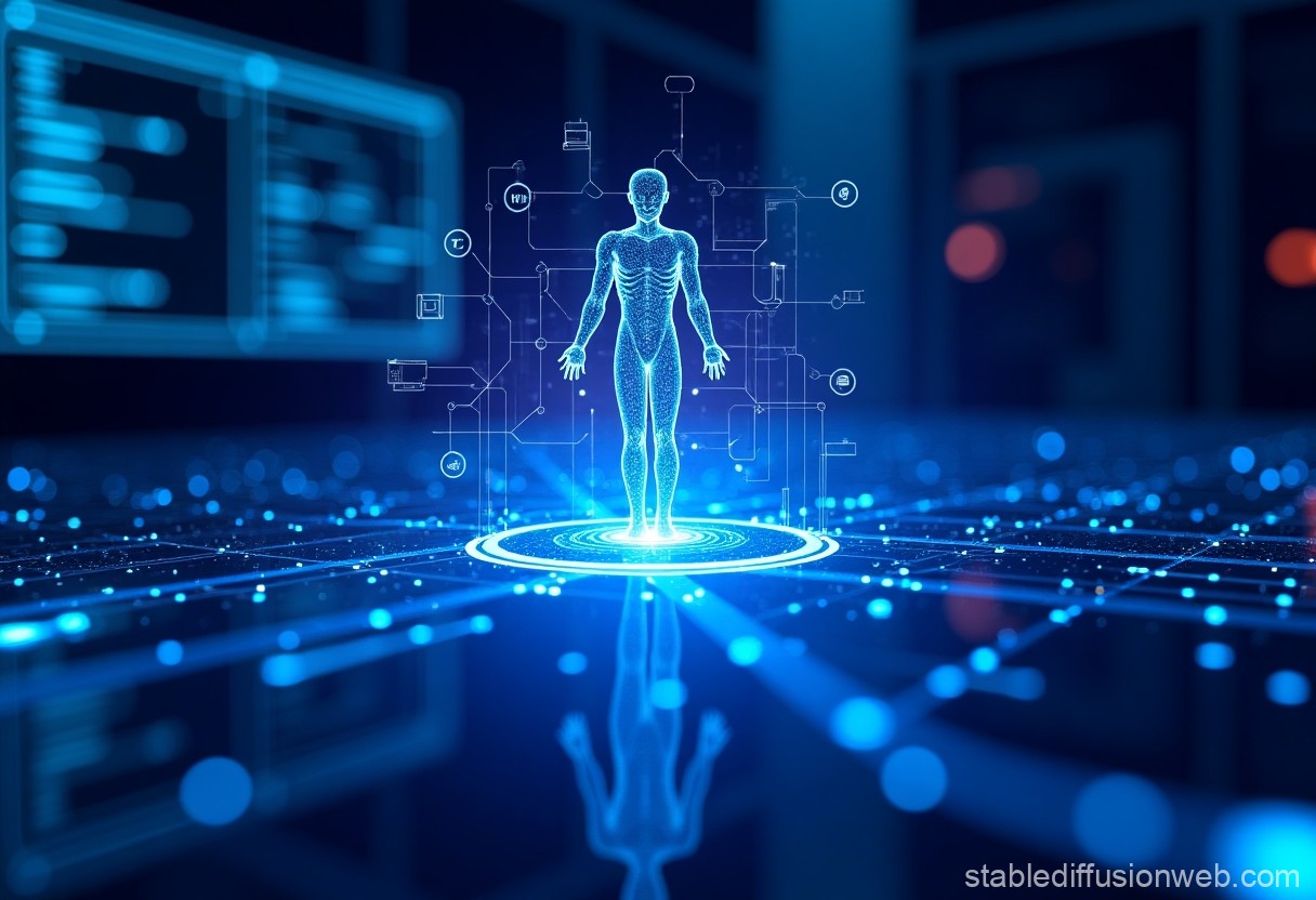 Futuristic Digital Human Interface in Blue Holographic Display