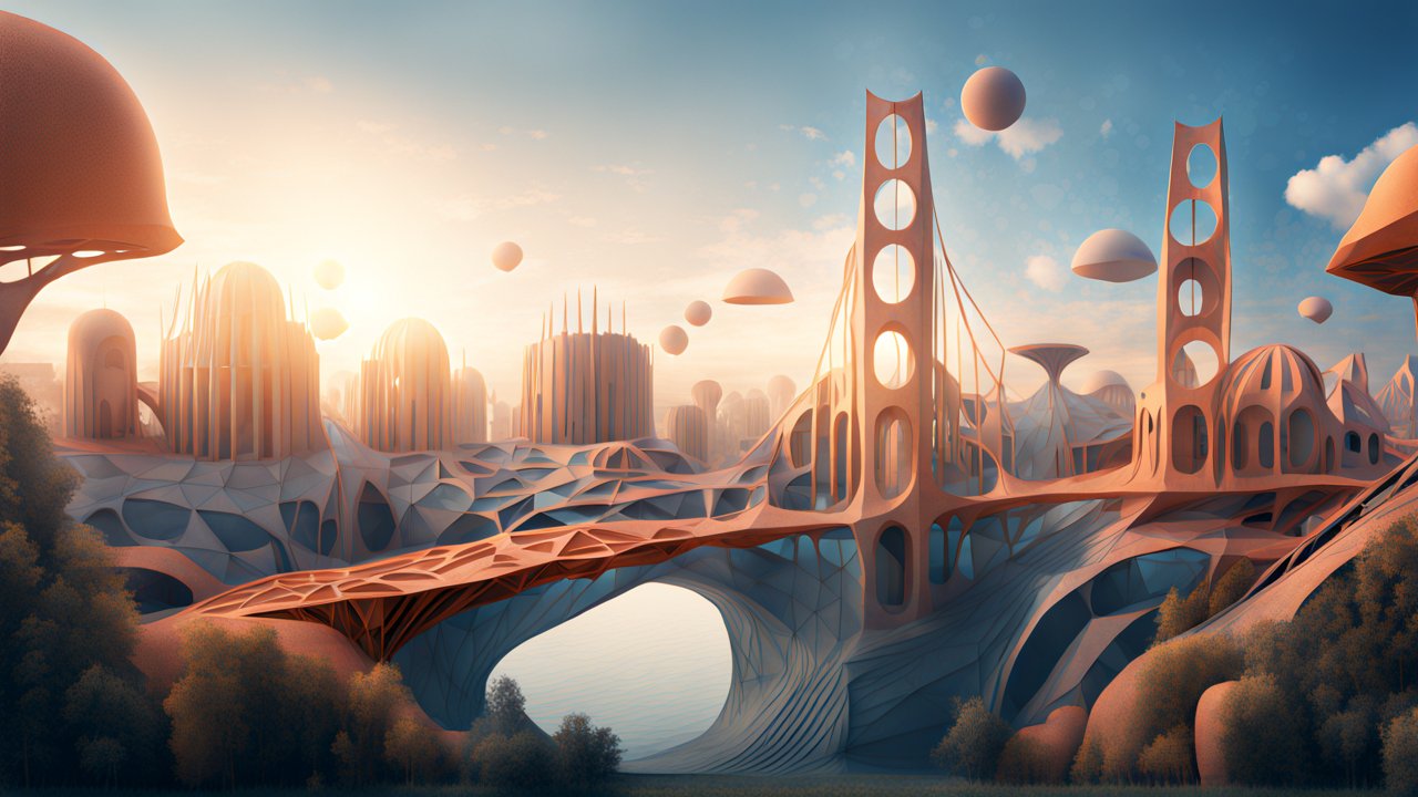 Futuristic Dome City with Voronoi Bridge at Sunset