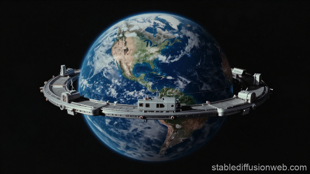 Futuristic Earth Defense Base Orbiting the Planet