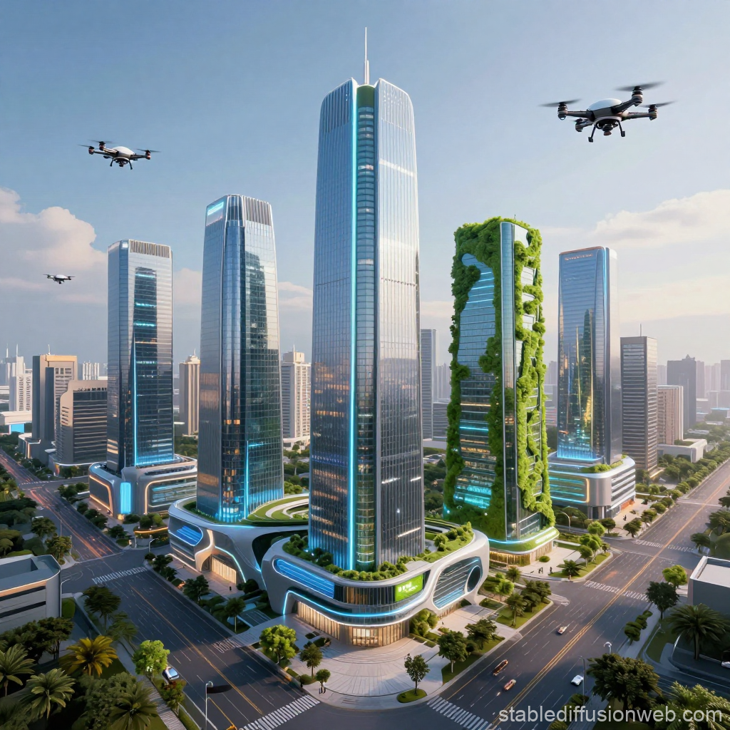 Futuristic Eco-Friendly Cityscape with Drones