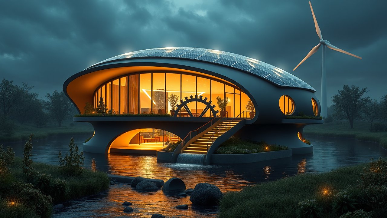 Futuristic Eco-Friendly Home with Solar Panels and Wind Turbine