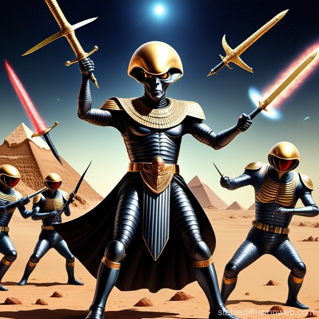 Futuristic Egyptian Warriors with Glowing Swords in Desert