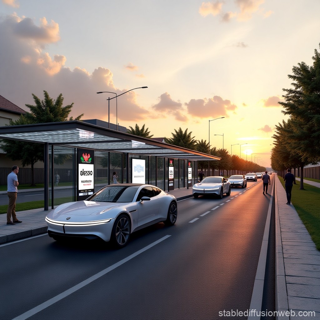 Futuristic Electric Cars Lined Up at Sunset on Urban Street