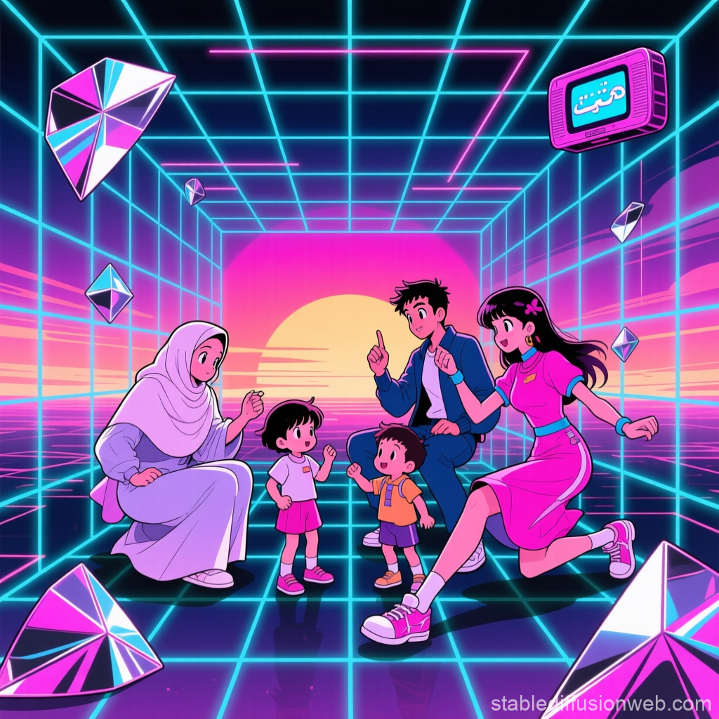 Futuristic Family Moment in Neon Grid World