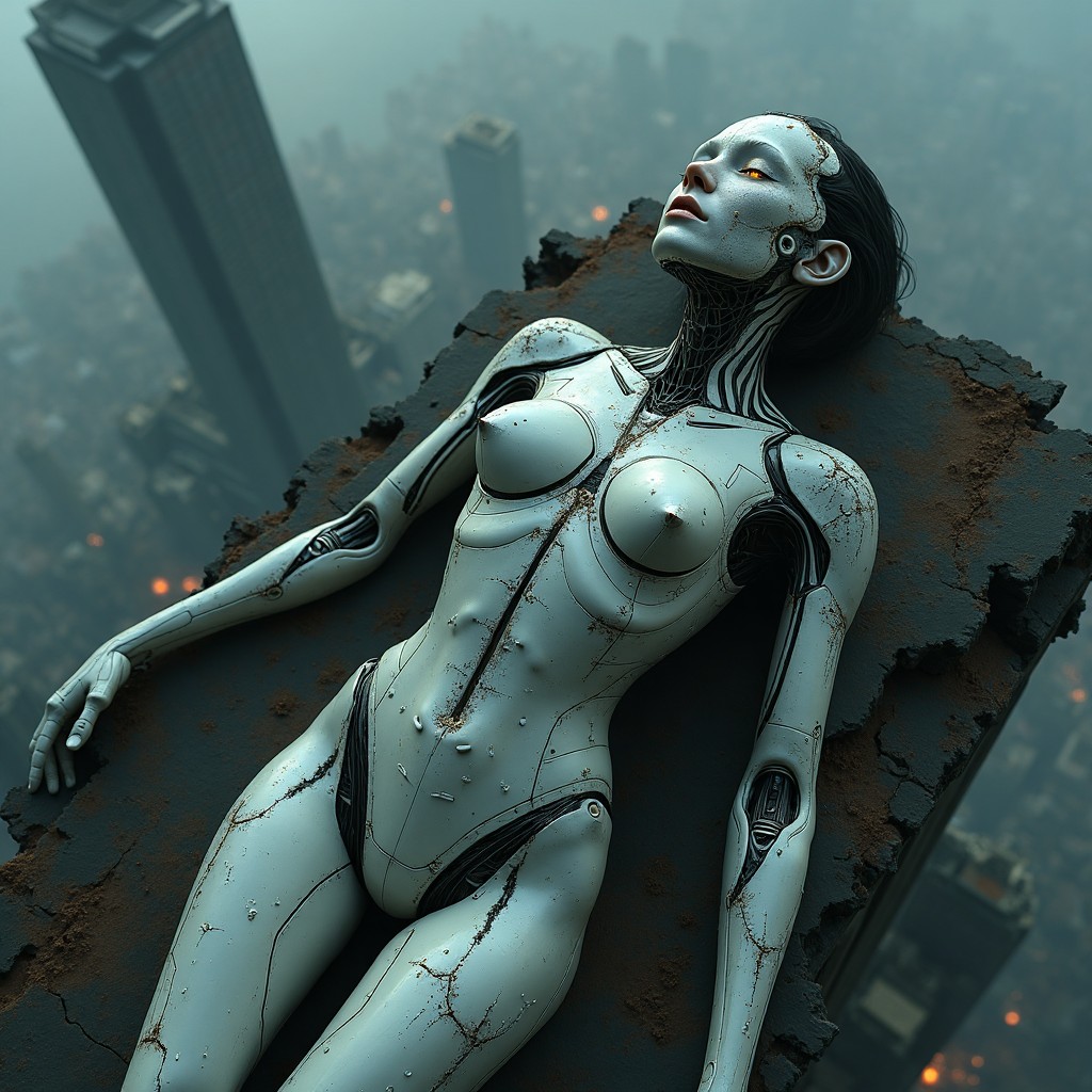 Futuristic Female Android Reclining on Rusted Platform
