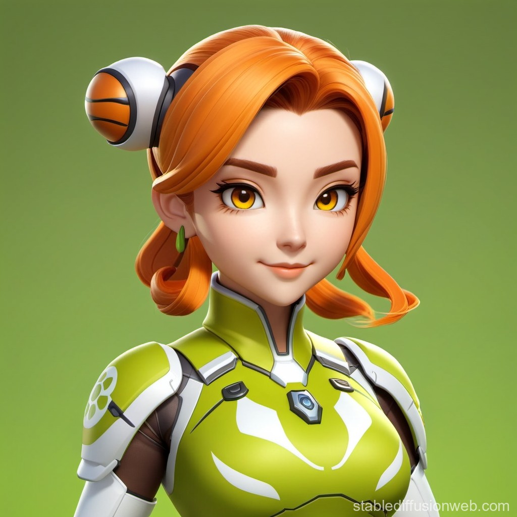 Futuristic Female Character with Orange Hair in Green Armor
