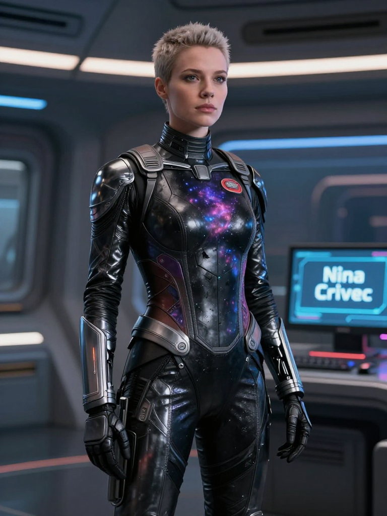 Futuristic Female Cyborg in Space Suit with Nebula Design
