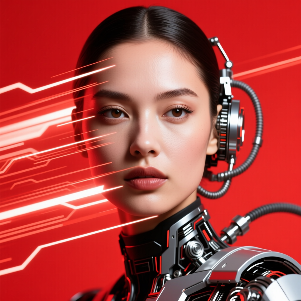 Futuristic Female Cyborg Portrait with Red Digital Effects