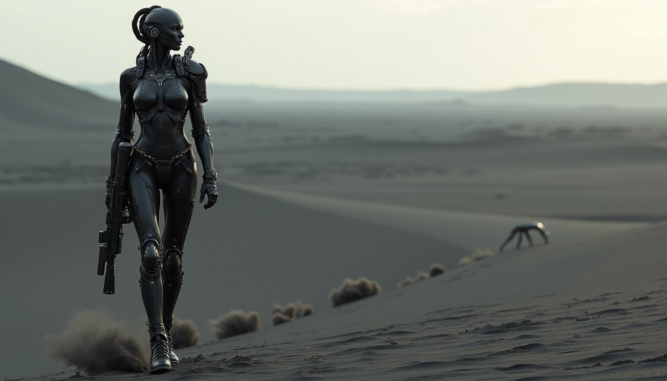 Futuristic Female Cyborg Walking in Desert Landscape
