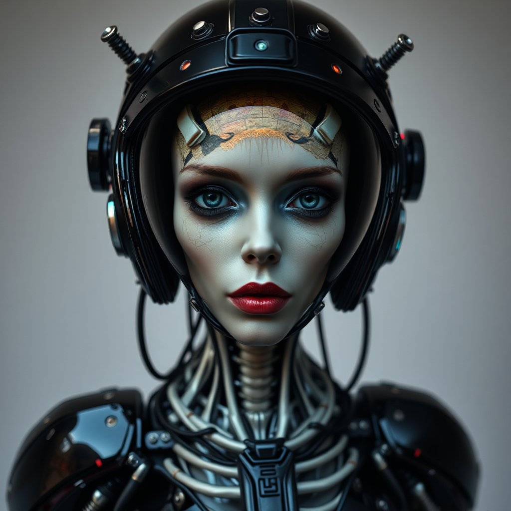 Futuristic Female Cyborg with Intricate Helmet and Mechanical Details