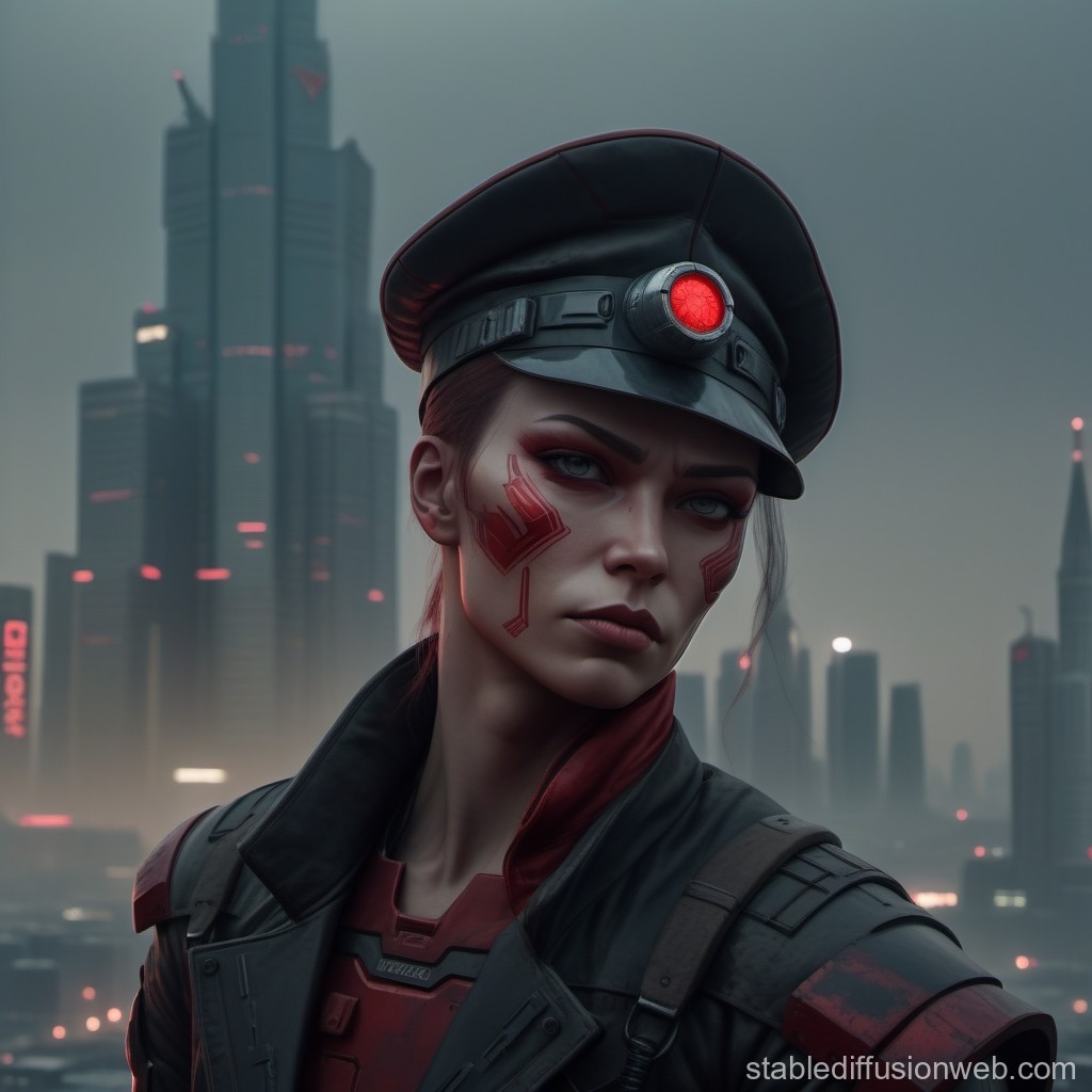 Futuristic Female Officer in Cyberpunk Cityscape