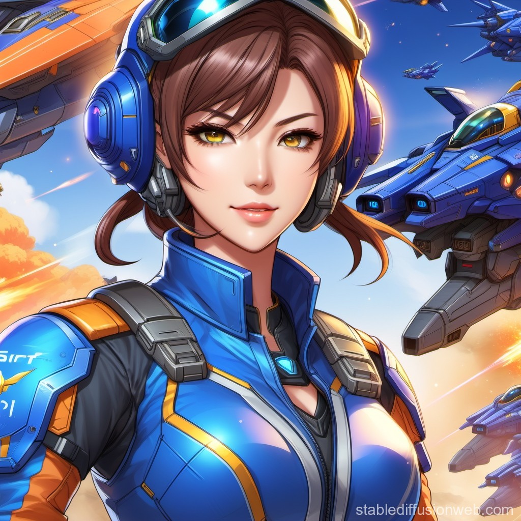 Futuristic Female Pilot in Blue Armor with Sci-Fi Jets