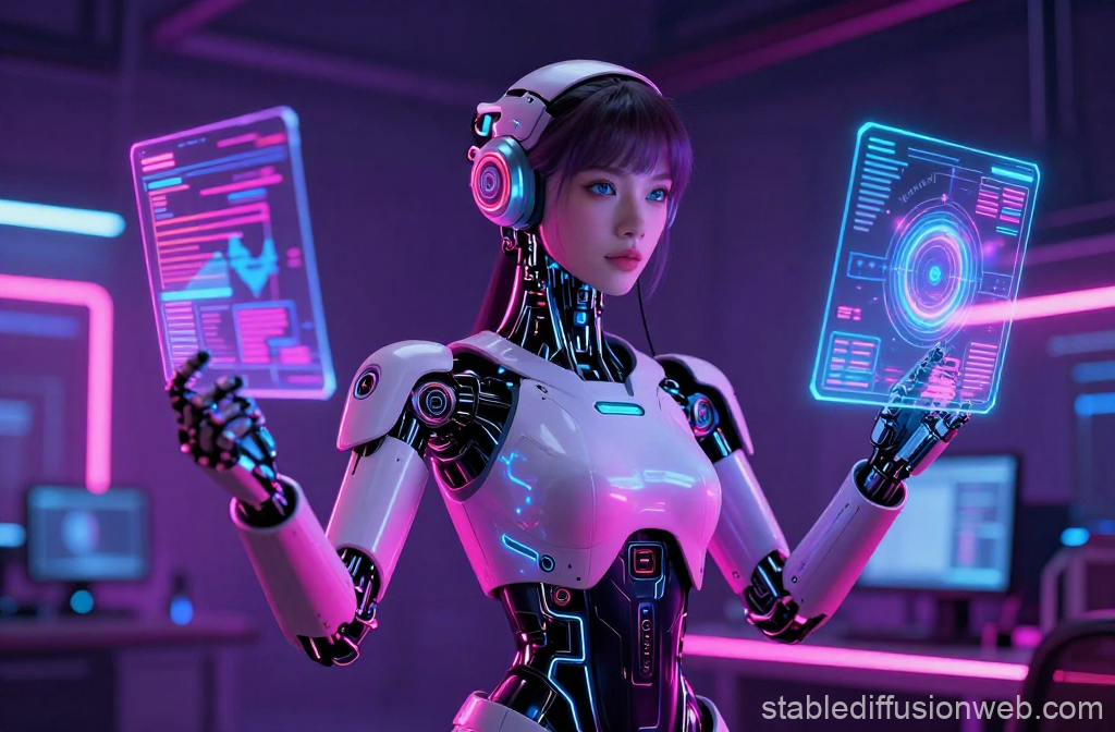 Futuristic Female Robot Assistant with Holographic Interfaces