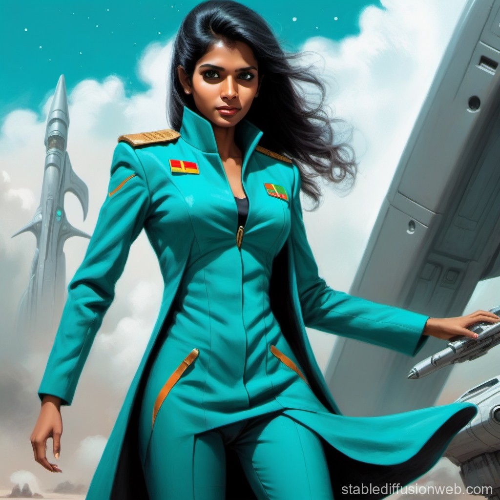 Futuristic Female Space Commander in Teal Uniform