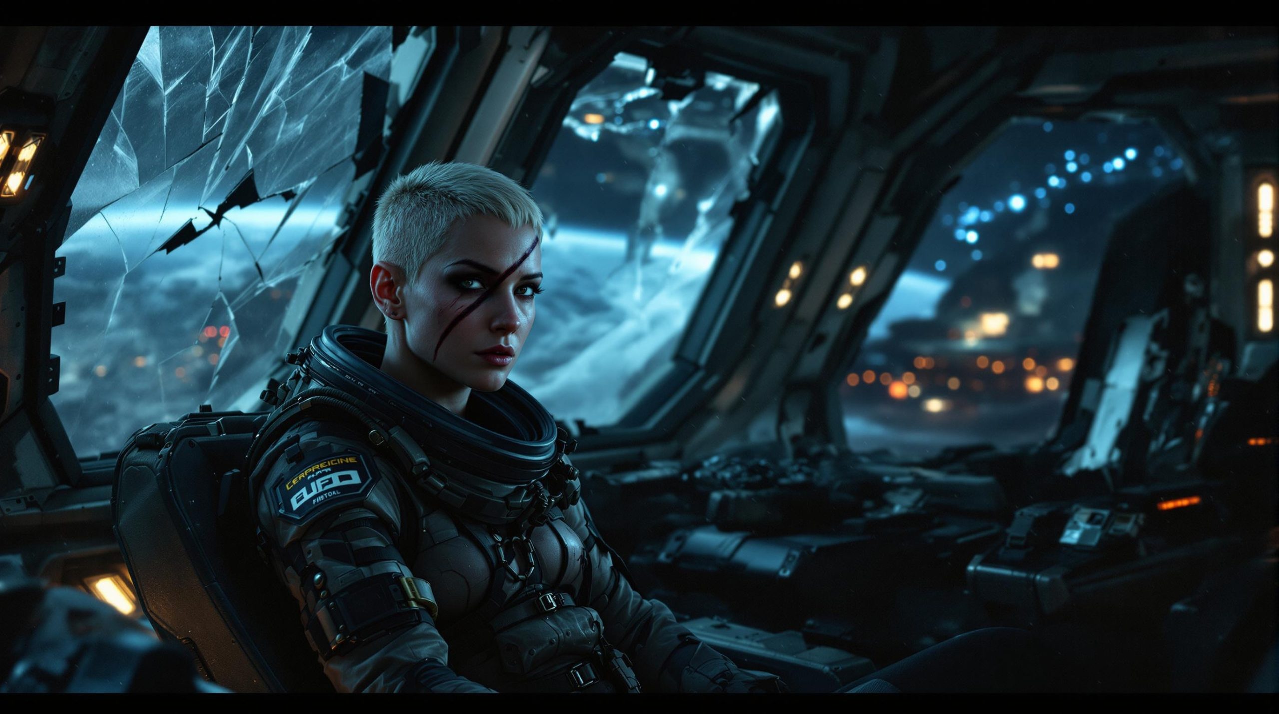 Futuristic Female Space Soldier in Damaged Spaceship