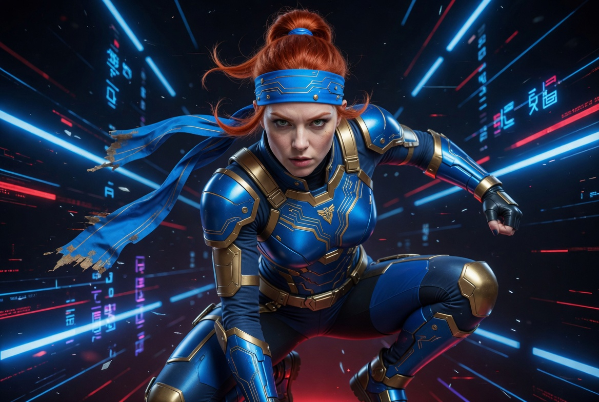 Futuristic Female Warrior in Blue Armor with Digital Background