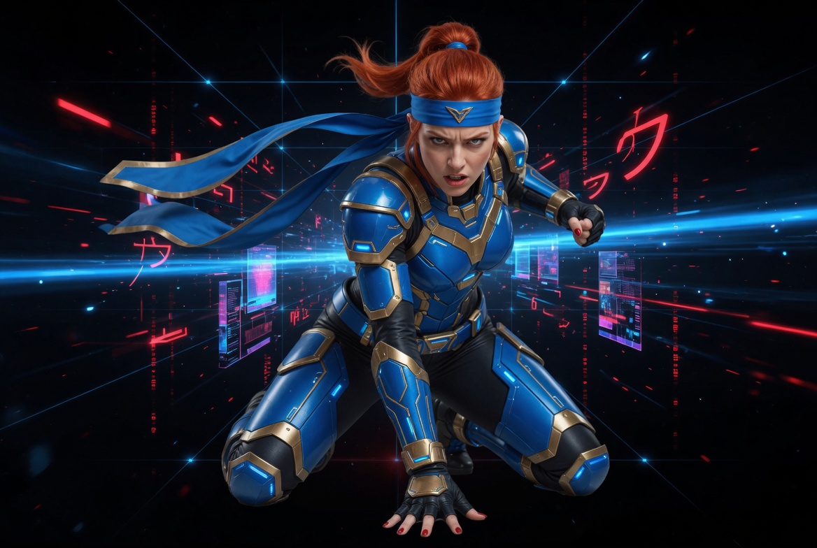 Futuristic Female Warrior in Blue Armor with Digital Interface