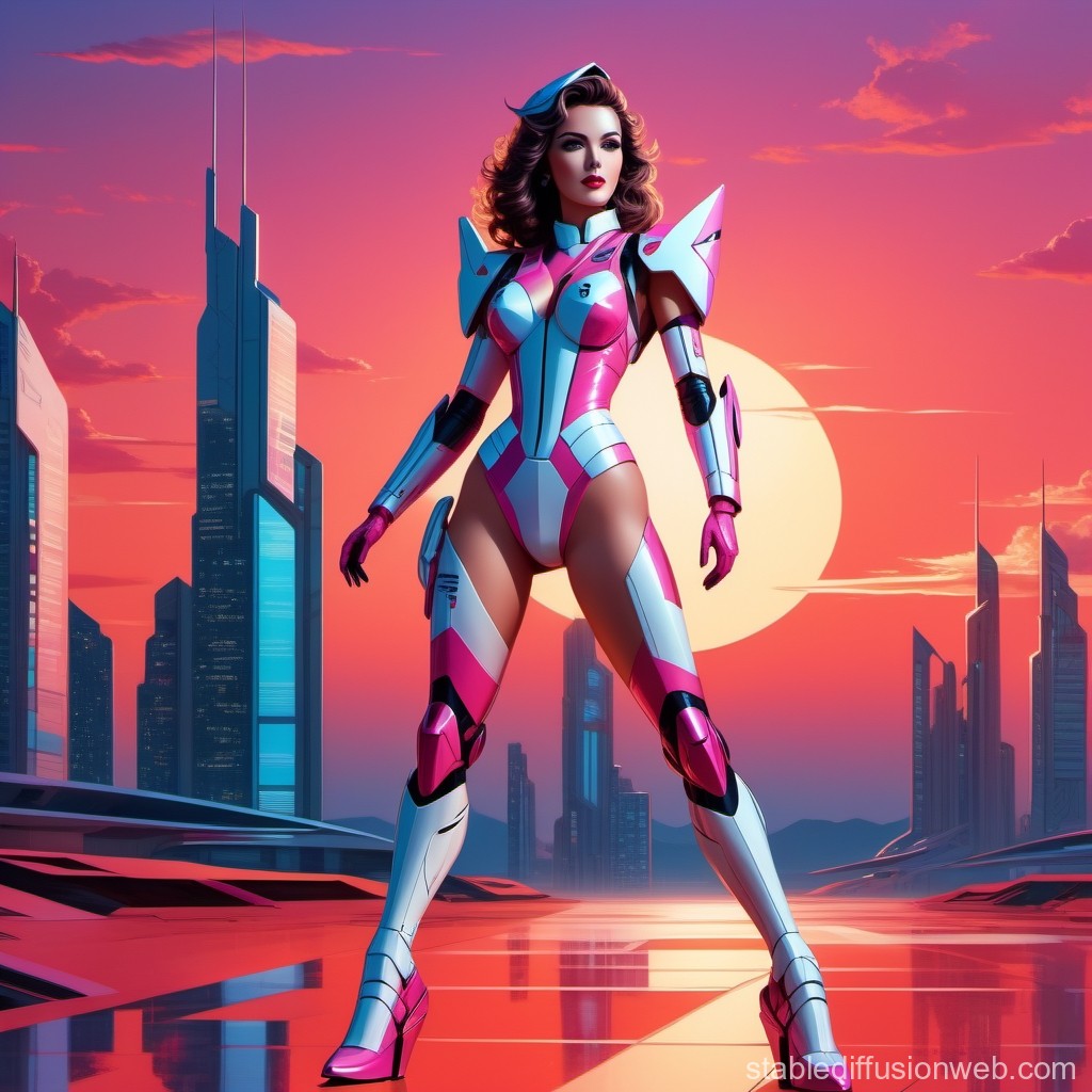 Futuristic Female Warrior in Pink Armor at Sunset