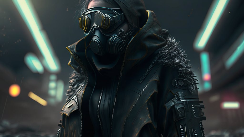 Futuristic Figure in High-Tech Gas Mask and Black Outfit