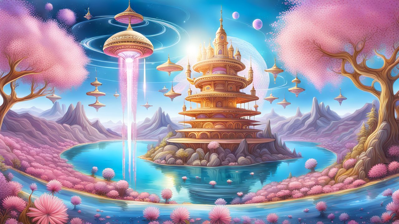 Futuristic Floating City with Cherry Blossom Landscape