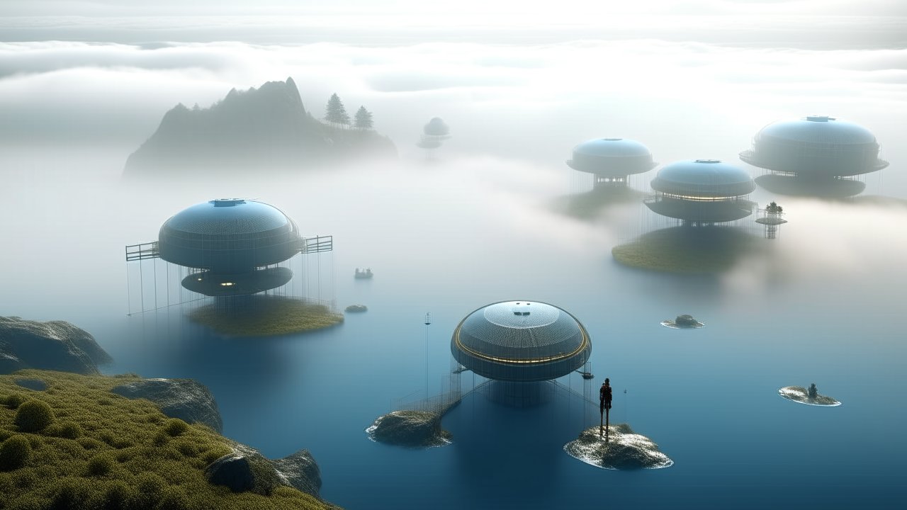 Futuristic Floating Habitats in Misty Waterscape