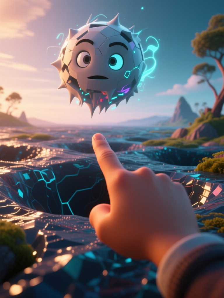 Futuristic Floating Robot Pointed at by Hand in Digital Landscape