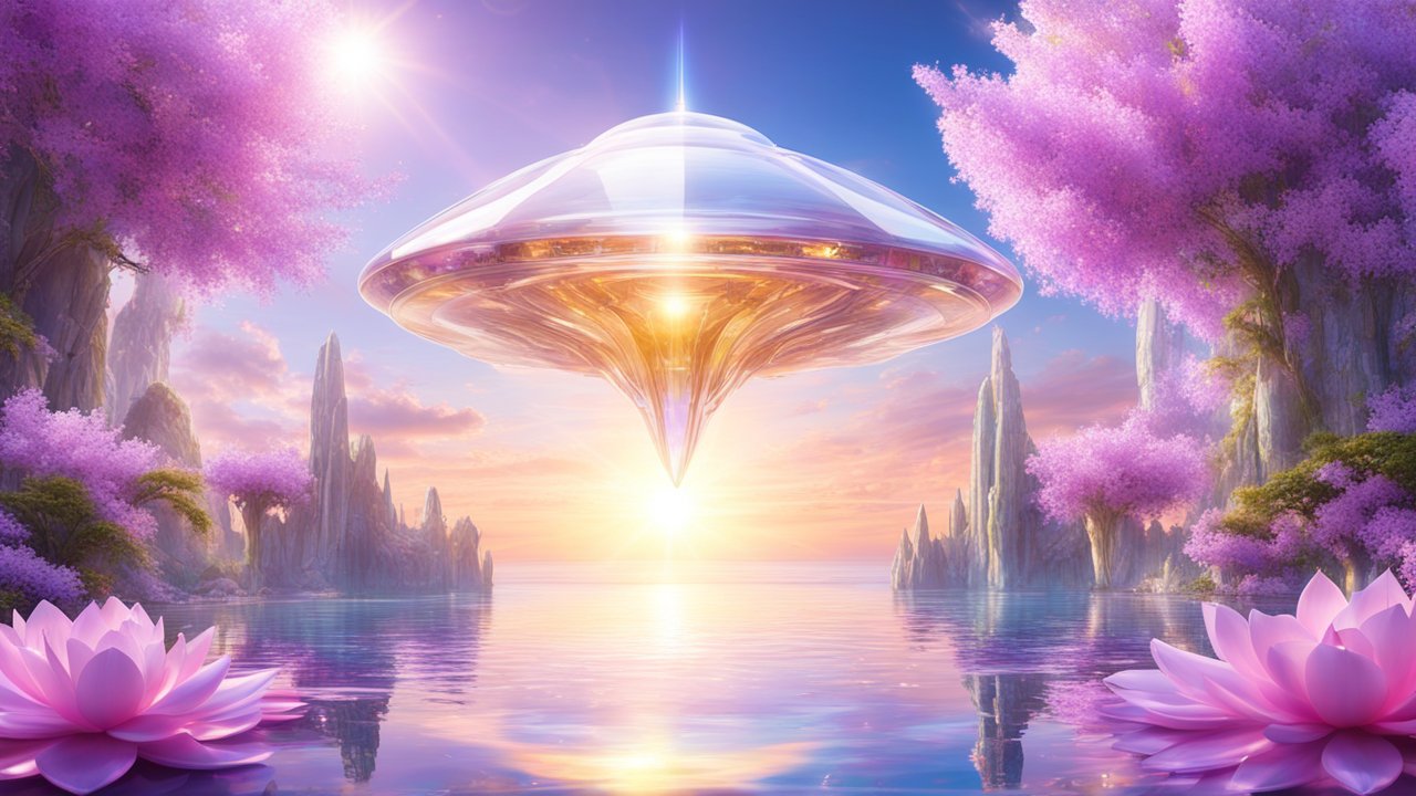 Futuristic Floating Structure Over Serene Lake at Sunset