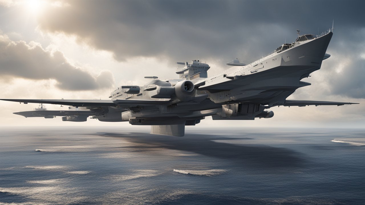 Futuristic Flying Aircraft Carrier Over Ocean