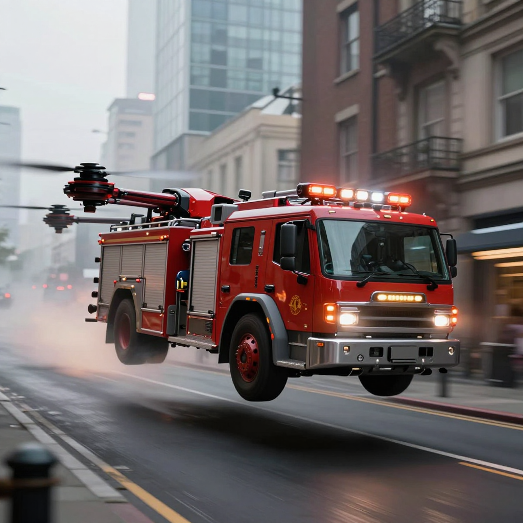 Futuristic Flying Fire Truck in Urban Environment