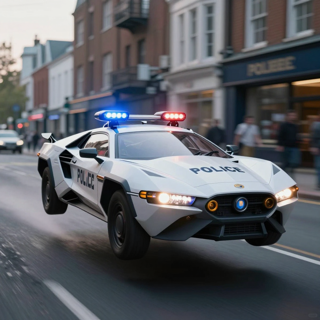 Futuristic Flying Police Car on City Street