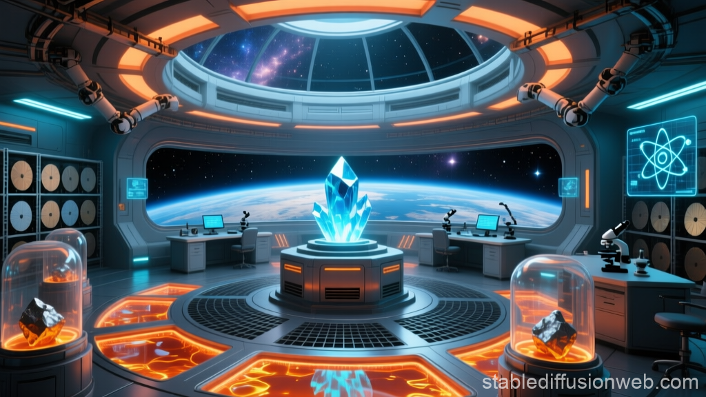 Futuristic Gallium Lab with Glowing Crystal in Space Station