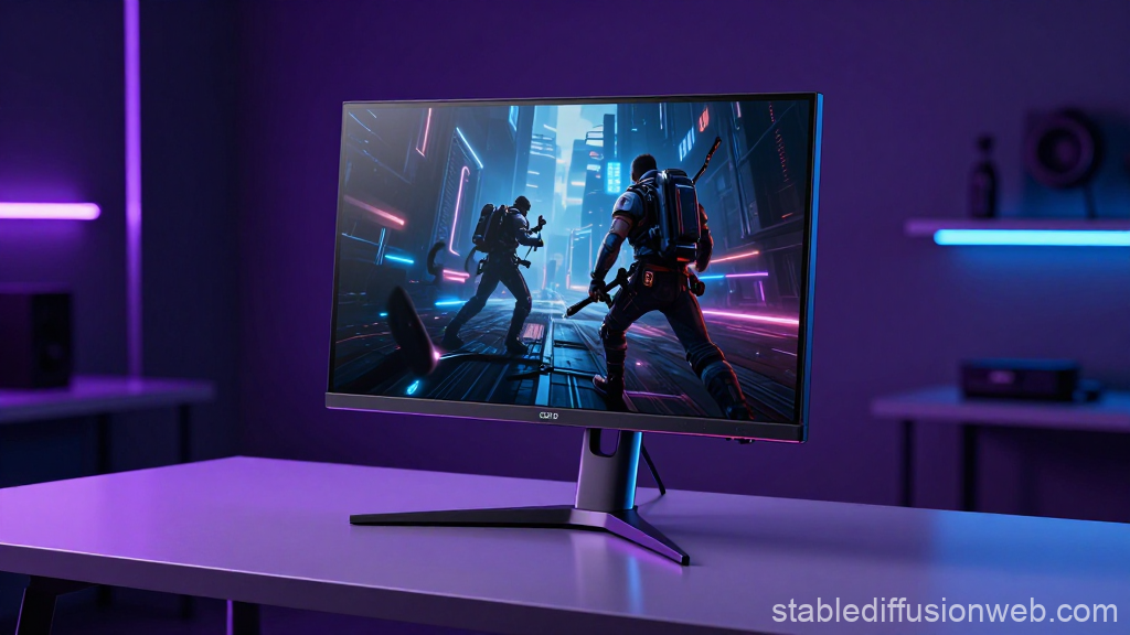 Futuristic Gaming Monitor Displaying Cyberpunk Battle Scene