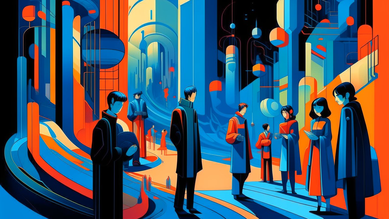 Futuristic Gathering in a Vibrant Urban Landscape