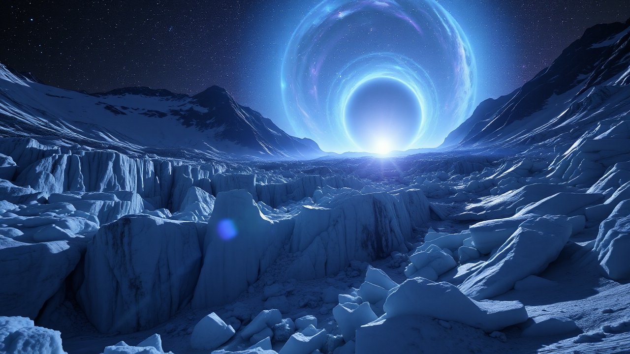 Futuristic Glacier Landscape with Cosmic Portal