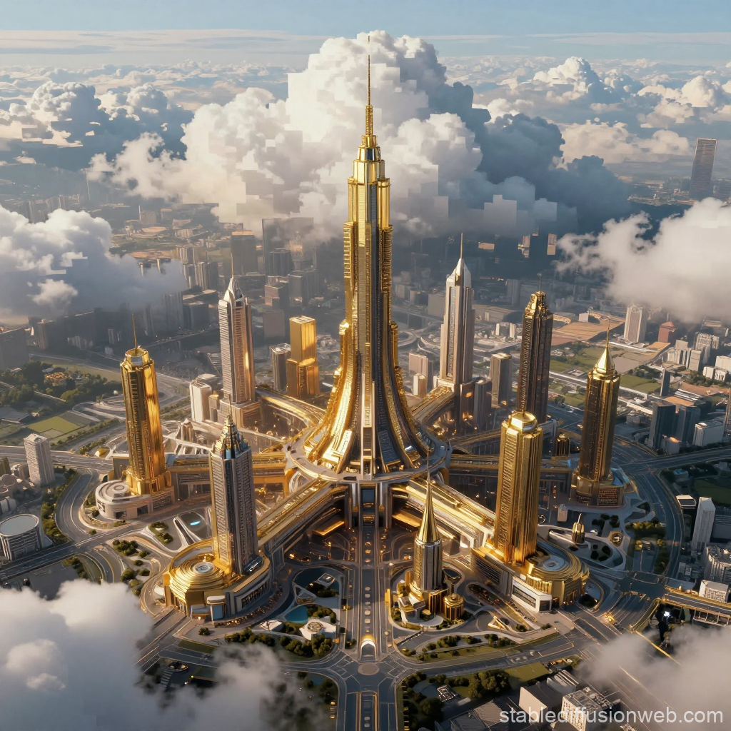 Futuristic Golden Cityscape with Towering Skyscrapers