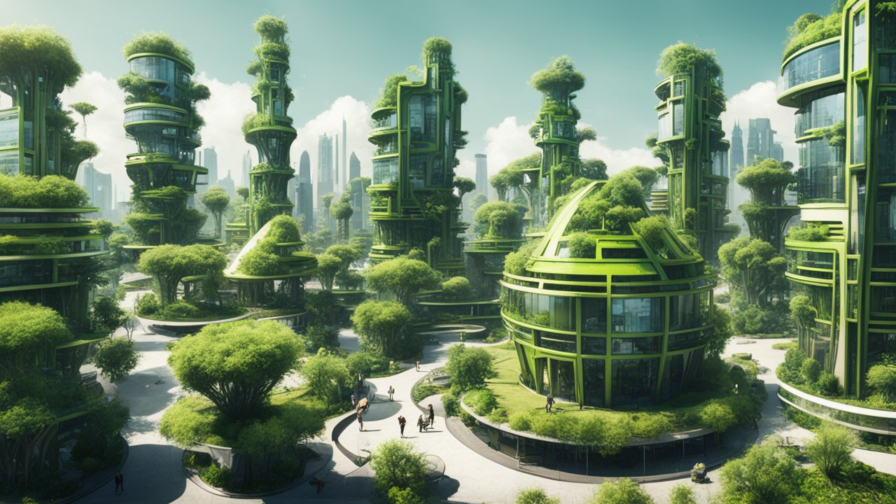 Futuristic Green Urban Architecture with Lush Vegetation