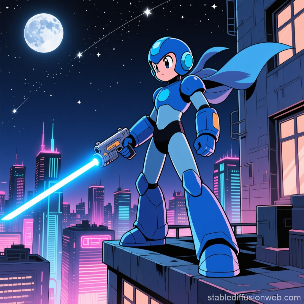 Futuristic Hero with Lightsaber on Neon City Rooftop