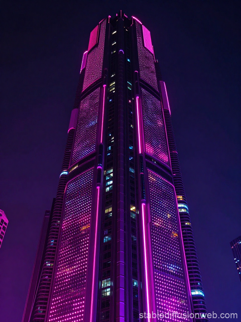 Futuristic High-Tech Skyscraper Illuminated in Neon Pink